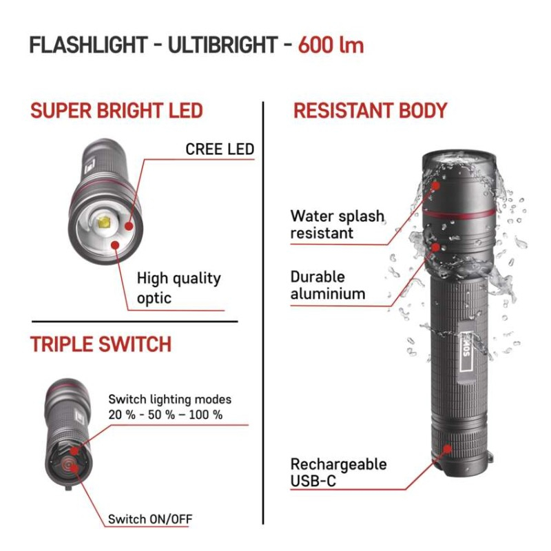 CREE LED Rech. Metal Flashlight Ultibright 80, 600lm [3]