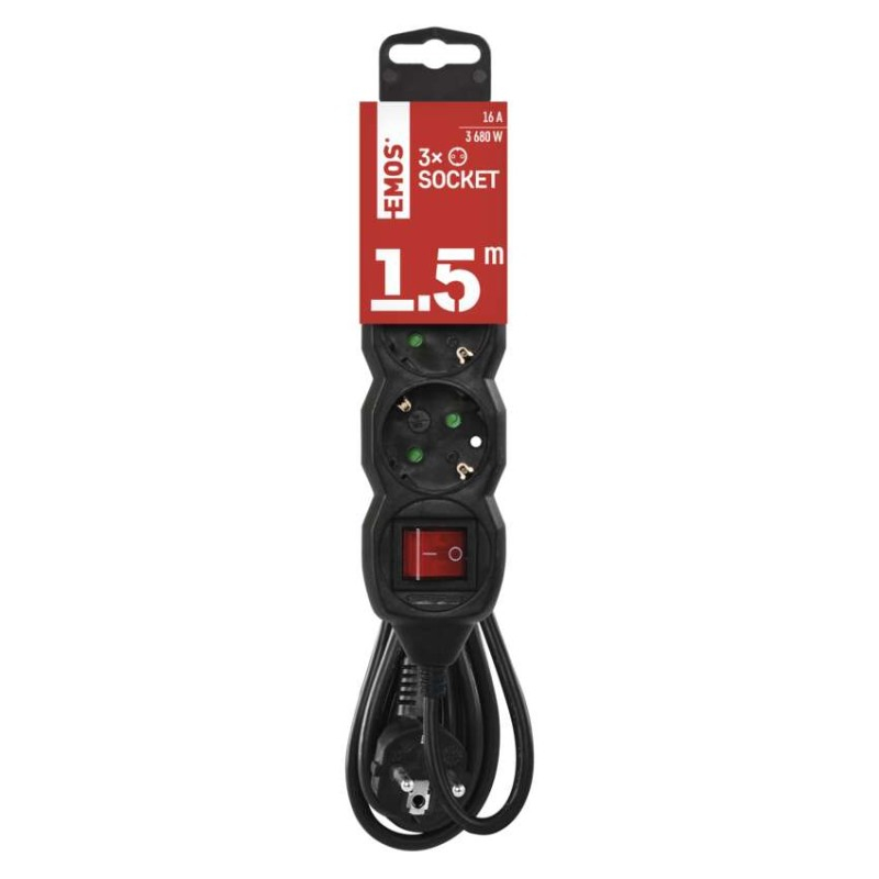 Extension Cord 1.5 m / 3 sockets / switch / black / PVC / 1.5 mm2 [3]