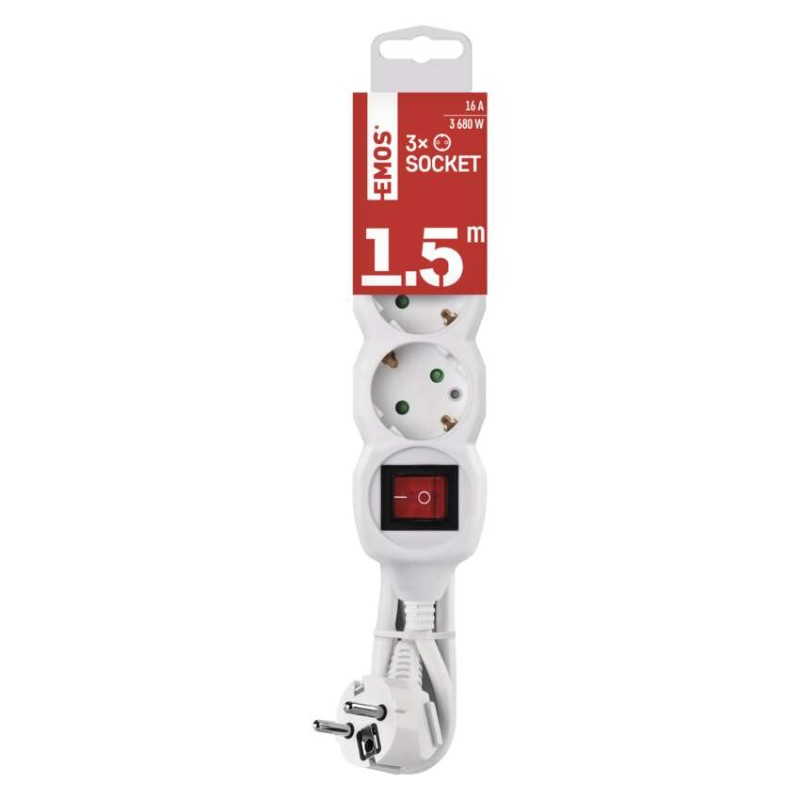 Extension Cord 1.5 m / 3 sockets / switch / white / PVC / 1.5 mm2 [3]