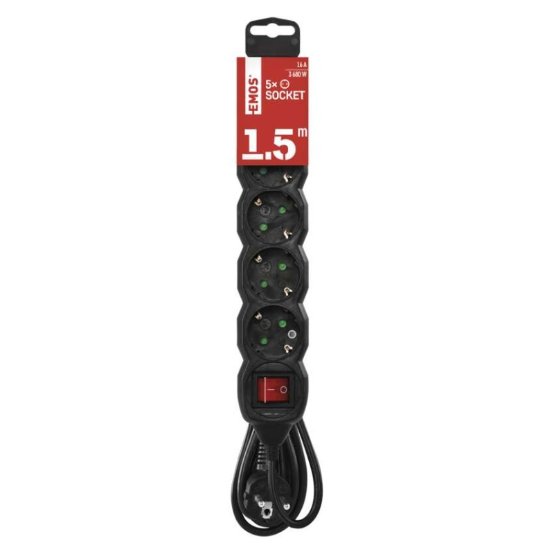Extension Cord 1.5 m / 5 sockets / switch / black / PVC / 1.5 mm2 [3]
