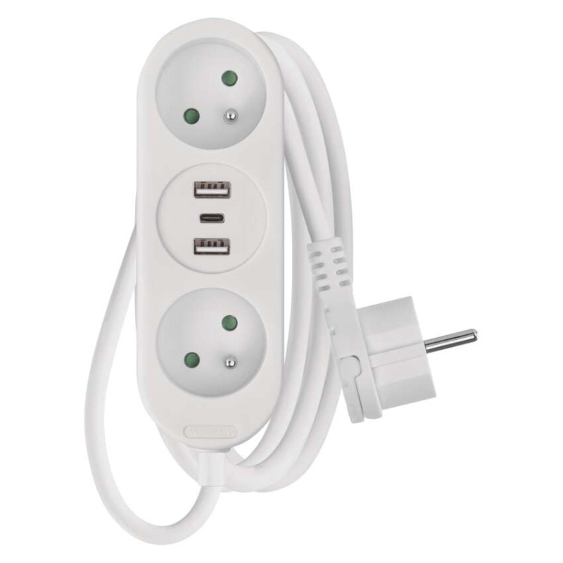 Extension Cord 2 m / 2 sockets+2×USB A+1×USB C / white / PVC / 1 mm2 [1]