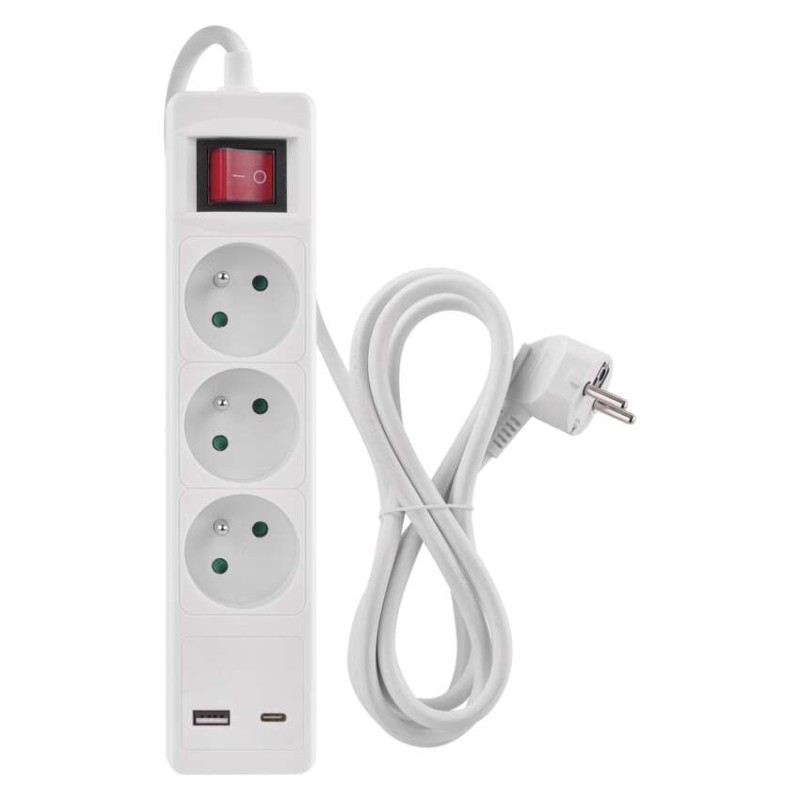 Extension Cord 2 m / 3 sockets / switch / white / 1×USB-A + 1×USB-C / 1.5 mm2 [2]