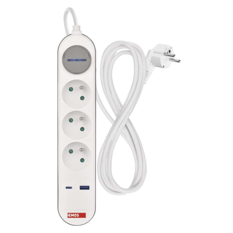 Extension Cord 2 m / 3 sockets / switch / white / 1×USB-A + 1×USB-C / 1.5 mm2 [2]