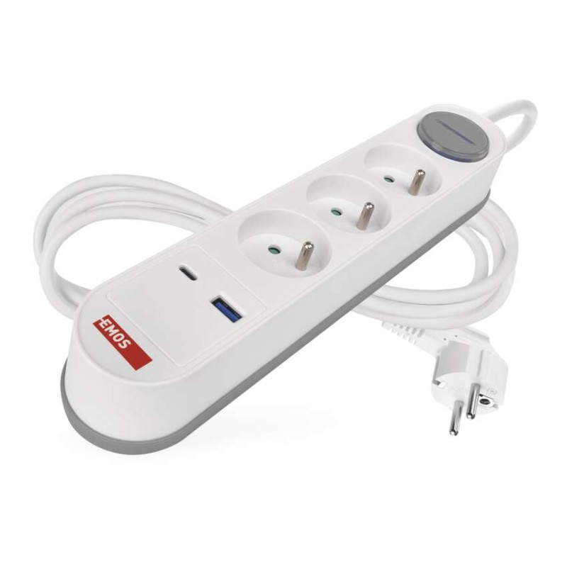 Extension Cord 2 m / 3 sockets / switch / white / 1×USB-A + 1×USB-C / 1.5 mm2 [1]
