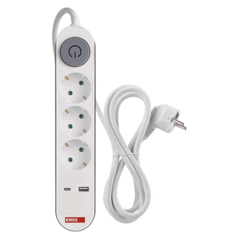 Extension Cord 2 m / 3 sockets / switch / white / 1× USB-A + 1× USB-C / 1.5 mm2 [3]
