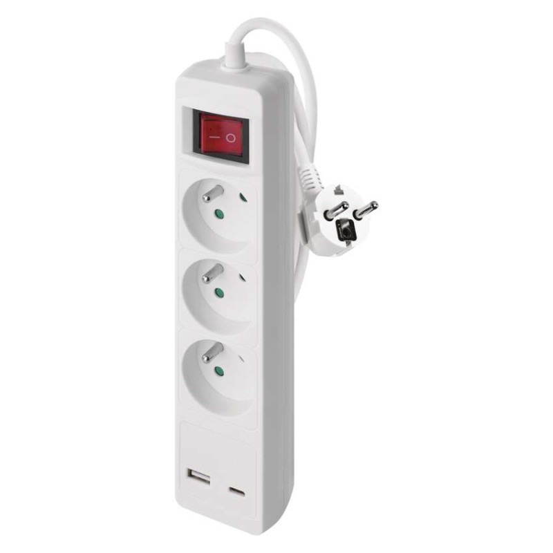 Extension Cord 2 m / 3 sockets / switch / white / 1×USB-A + 1×USB-C / 1.5 mm2 [1]