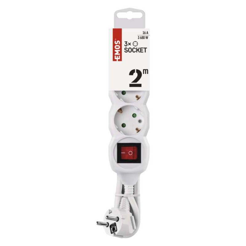 Extension Cord 2 m / 3 sockets / switch / white / PVC / 1 mm2 [2]