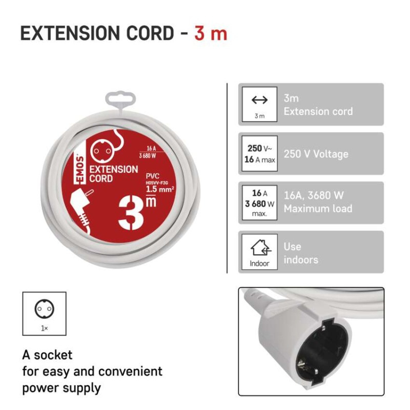 Extension Cord 3 m / 1 sockets / white / PVC / 1,5 mm2 [2]