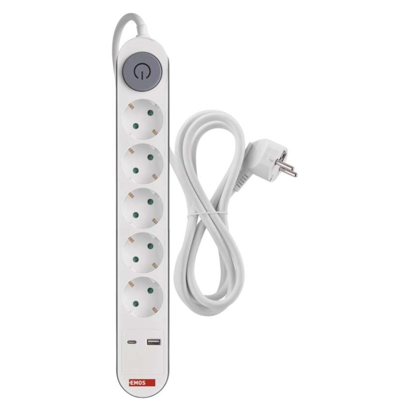 Extension Cord 3 m / 5 sockets / switch / white / 1× USB-A + 1× USB-C / 1.5 mm2 [3]