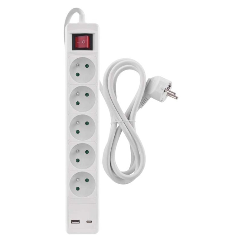 Extension Cord 3 m / 5 sockets / switch / white / 1×USB-A + 1×USB-C / 1.5 mm2 [2]