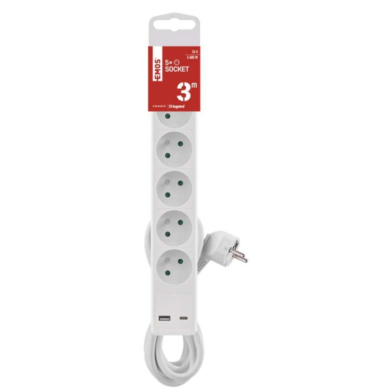 Extension Cord 3 m / 5 sockets / switch / white / 1×USB-A + 1×USB-C / 1.5 mm2 [3]