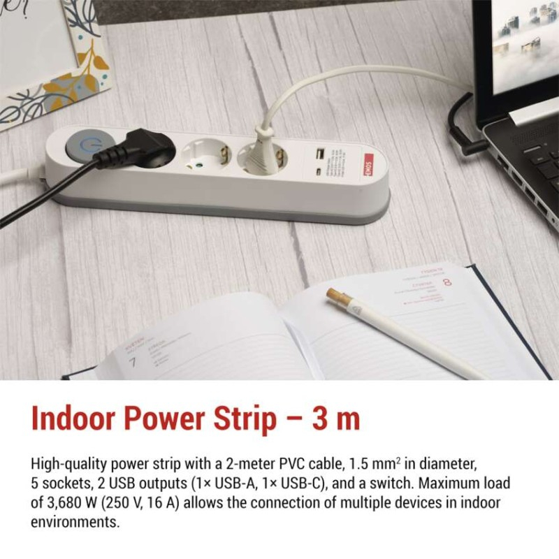 Extension cord 3 m / 5 sockets / switch / white-grey / 1×USB-A + 1×USB-C / 1.5 mm2 [2]