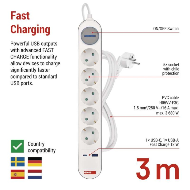 Extension cord 3 m / 5 sockets / switch / white-grey / 1×USB-A + 1×USB-C / 1.5 mm2 [3]