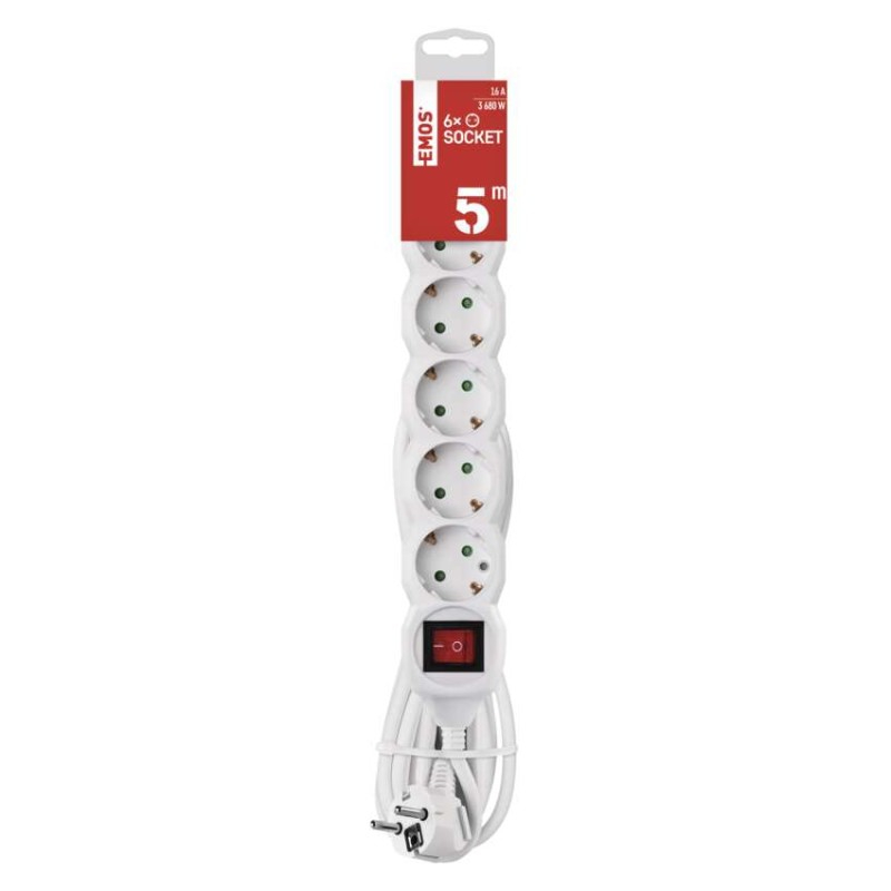 Extension Cord 5 m / 6 sockets / switch / white / PVC / 1.5 mm2 [3]