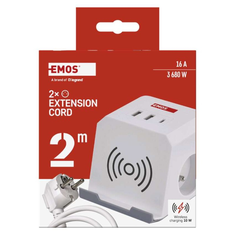 Extension power adaptor cube 2 m / 2 sockets / white / 2×USB-A + 1×USB-C+Qi / 1,5 mm2 [3]