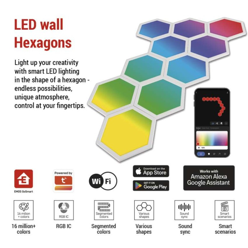 GoSmart LED luminaire Hexagon, starter kit, 10 parts, 19 W, RGBIC dimmable, WiFi [3]