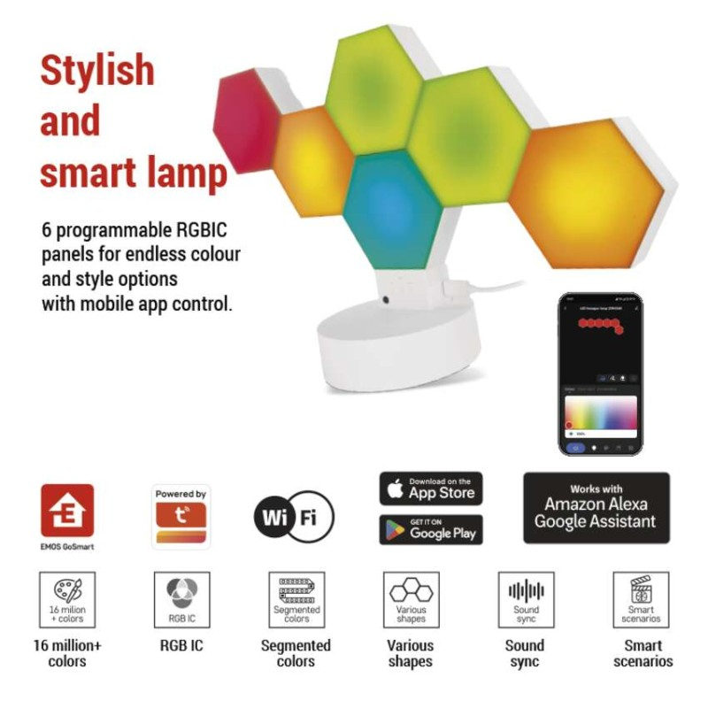 GoSmart LED table lamp Hexagon white, 6 parts, RGBIC dimmable, WiFi [3]