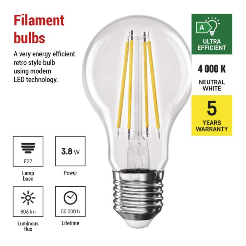 LED Bulb Filament A60 A CLASS/ E27 / 3.8 W (60 W) / 806 lm / neutral white [3]