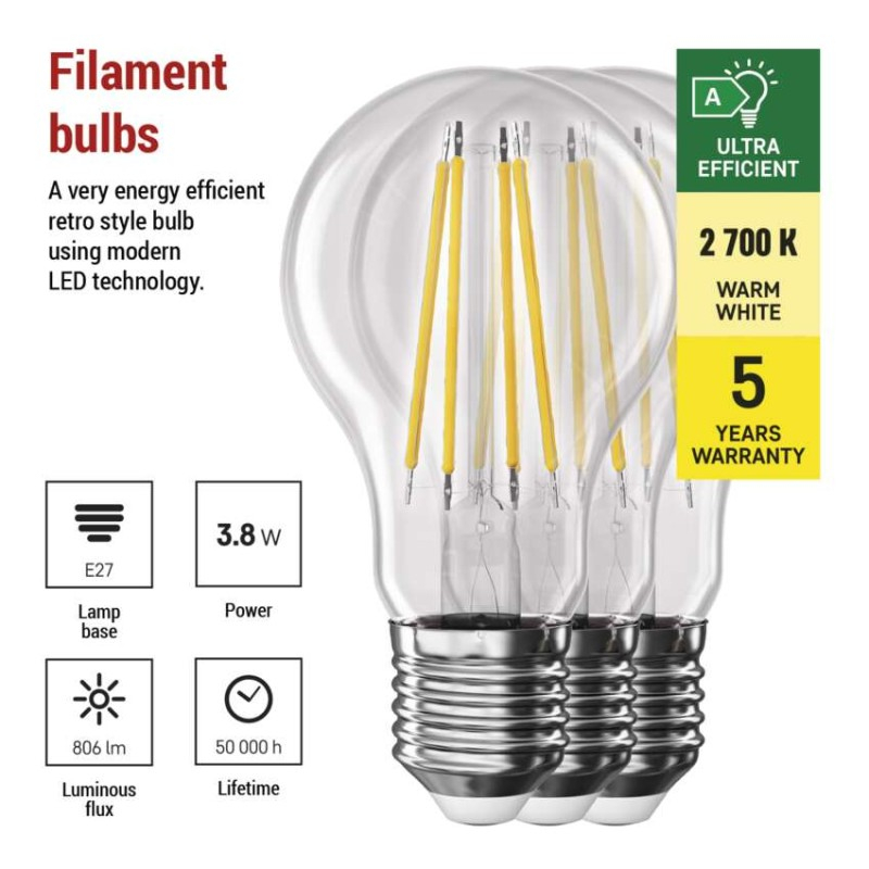 LED Bulb Filament A60 A CLASS/ E27 / 3.8 W (60 W) / 806 lm / warm white [3]