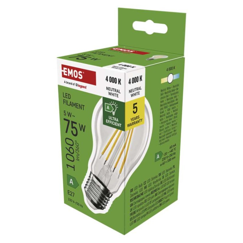 LED Bulb Filament A60 A CLASS/ E27 / 5 W (75 W) / 1 060 lm / neutral white [1]