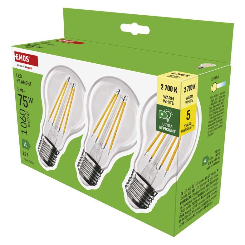 LED Bulb Filament A60 A CLASS/ E27 / 5 W (75 W) / 1 060 lm / warm white [1]
