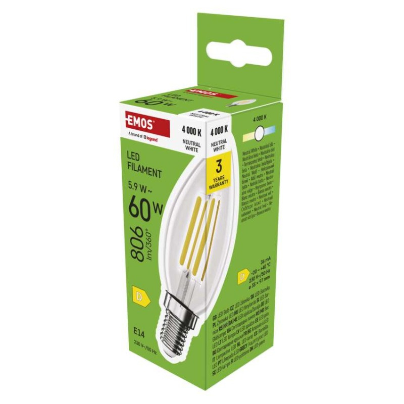 LED Bulb Filament Candle / E14 / 5.9 W (60 W) / 806 lm / Neutral White [1]