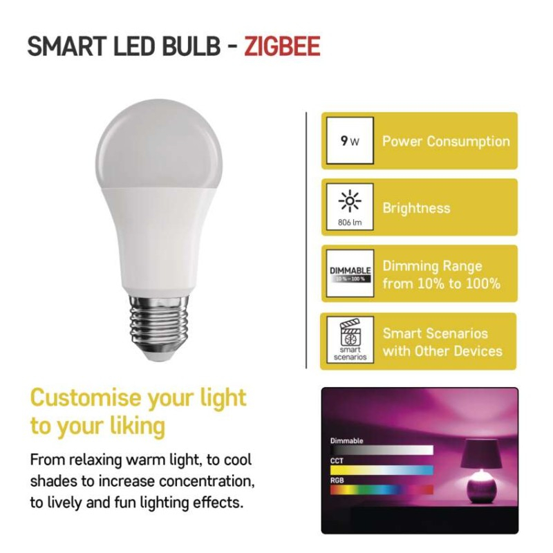 LED Bulb GoSmart A60 / E27 / 9 W (60 W) / 806 lm / RGB / dimmable / Zigbee [3]