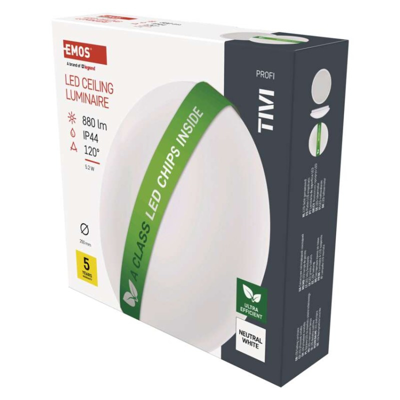 LED ceiling luminaire TIVI, A CLASS, round white 5.2W, IP44, Neutral White [1]
