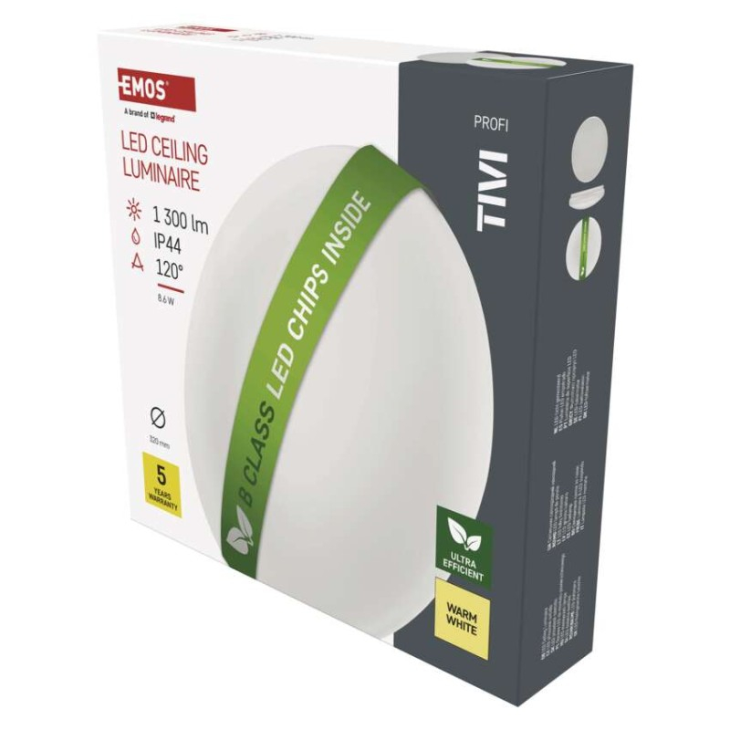LED ceiling luminaire TIVI, B CLASS, round white 8.6W, IP44, Warm white [1]