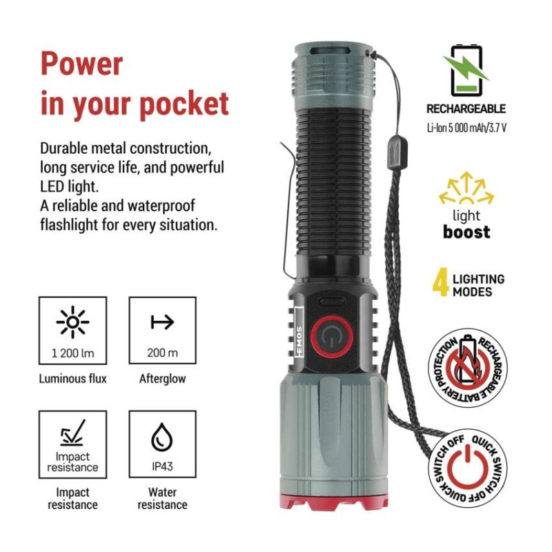 LED rechar. metal flashlight 1200 lm, 2200 mAh [3]
