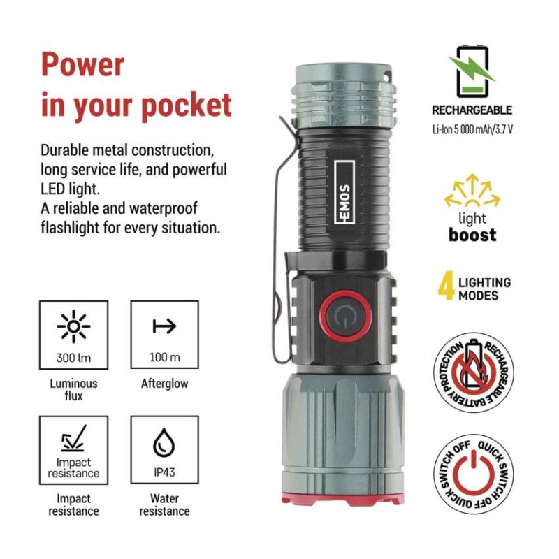 LED rechar. metal flashlight 300 lm, 700 mAh [3]