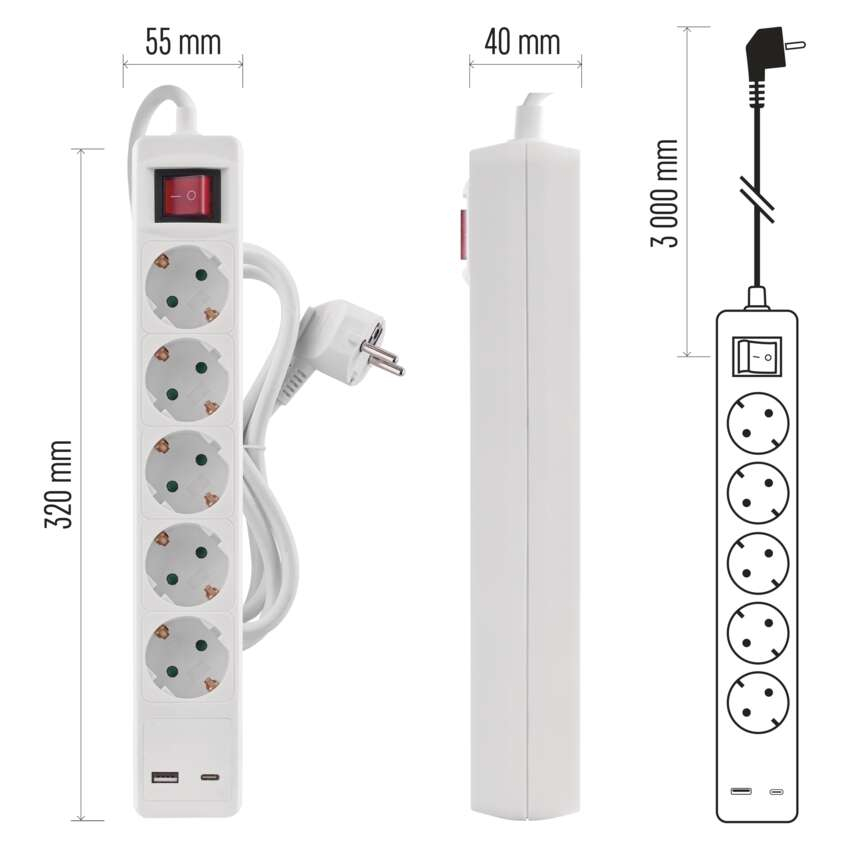 PRELUNGITOR 3M, 5 PRIZE, 1 USB-A, 1 USB-C, CU INTRERUPATOR, ALB [10]