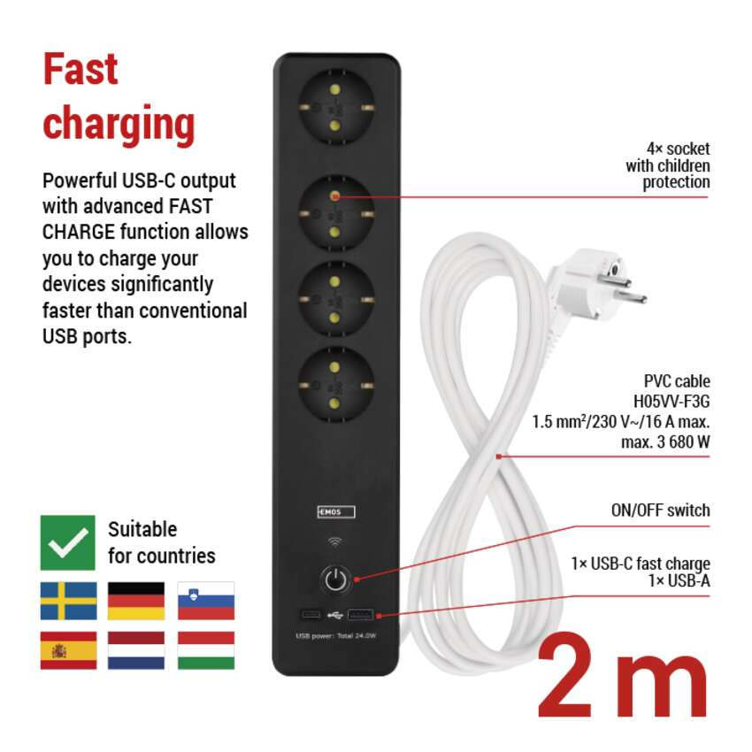 PRELUNGITOR GOSMART CU USB SI WI-FI,4 PRIZE+USB SI INTRERUPATOR 2M NEGRU [7]