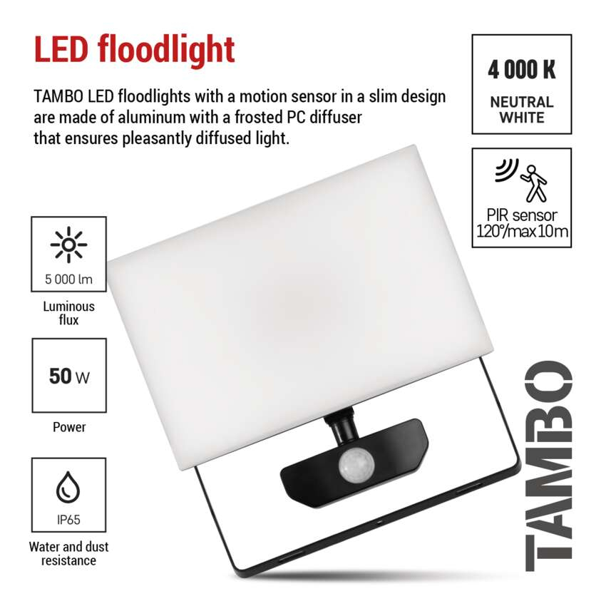 PROIECTOR LED TAMBO 50W 5000LM 4000K IP54 CU SENZOR DE MISCARE [8]