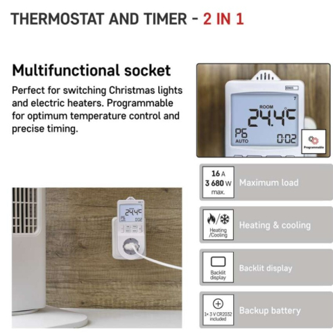 2-in-1 socket thermostat with digital timer function, schuko [2]