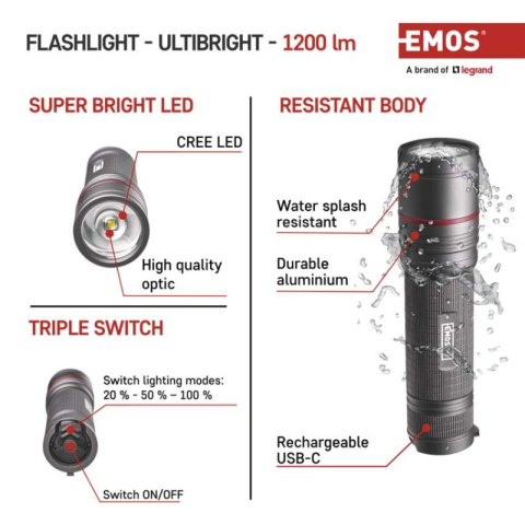 CREE LED Rech. Metal Flashlight Ultibright 90, 1200lm [2]