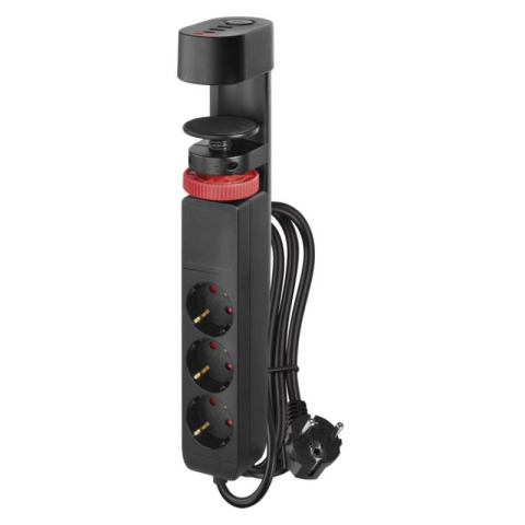 Emos - Extension cable 1.5 m/3 sockets/switch/desk mount/USB/black/PVC/1.5 mm2