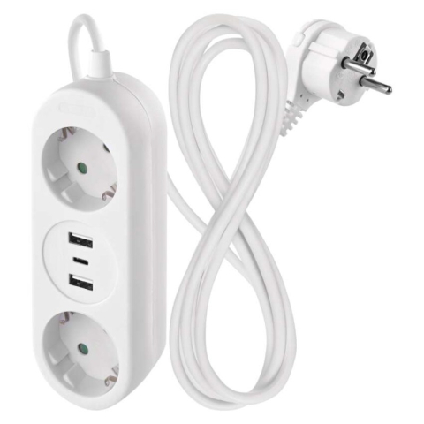 Extension Cord 1,4 m / 2 sockets+2×USB-A+1×USB-C / white / PVC / 1,5 mm2 [1]