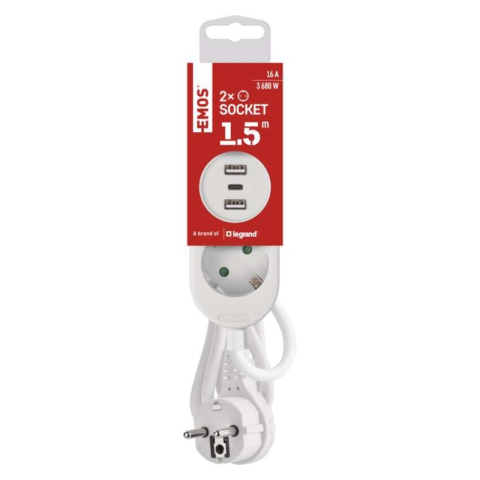 Extension Cord 1.5 m / 2 sockets+2×USB A+1×USB C / white / PVC / 1.5 mm2 [2]