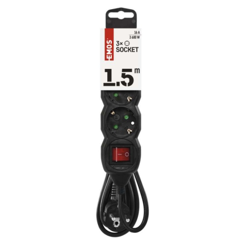 Extension Cord 1.5 m / 3 sockets / switch / black / PVC / 1 mm2 [1]