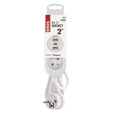 Extension Cord 2 m / 2 sockets+2×USB A+1×USB C / white / PVC / 1 mm2 [1]