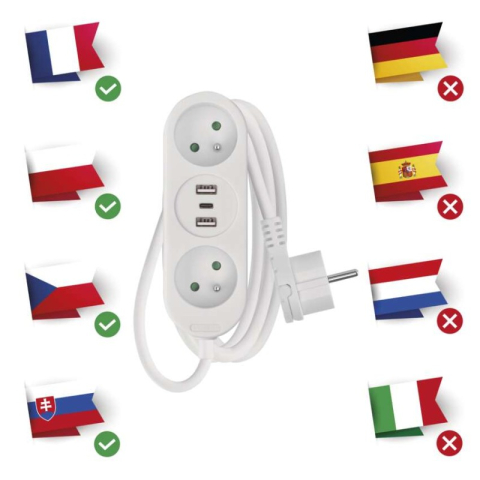 Extension Cord 2 m / 2 sockets+2×USB A+1×USB C / white / PVC / 1 mm2 [2]