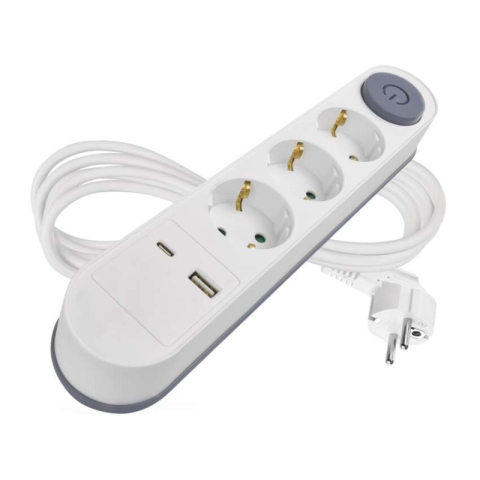 Emos - Extension Cord 2 m / 3 sockets / switch / white / 1× USB-A + 1× USB-C / 1.5 mm2