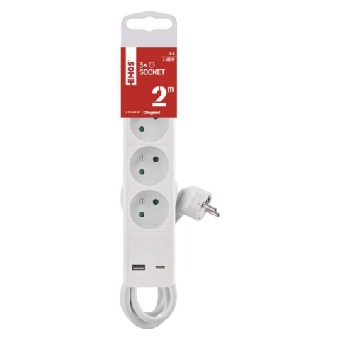 Extension Cord 2 m / 3 sockets / switch / white / 1×USB-A + 1×USB-C / 1.5 mm2 [2]