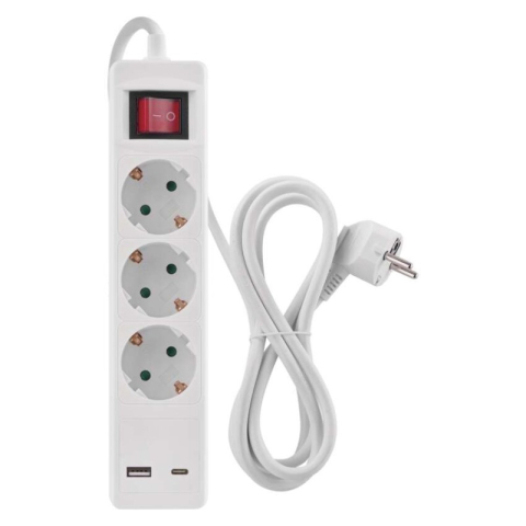 Extension Cord 2 m / 3 sockets / switch / white / 1× USB-A + 1× USB-C / 1.5 mm2 [1]