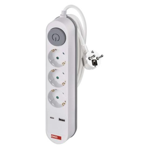 Extension Cord 2 m / 3 sockets / switch / white / 1× USB-A + 1× USB-C / 1.5 mm2 [1]