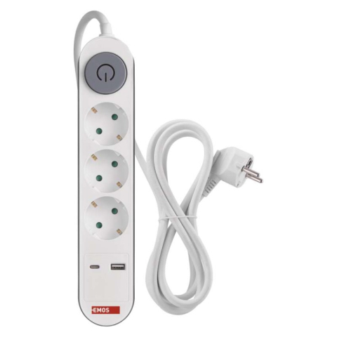 Extension Cord 2 m / 3 sockets / switch / white / 1× USB-A + 1× USB-C / 1.5 mm2 [2]
