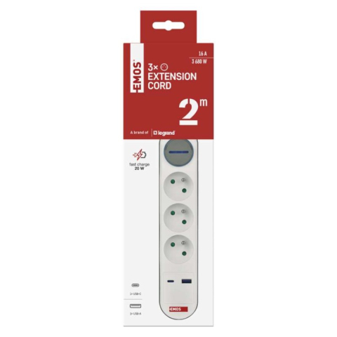Extension Cord 2 m / 3 sockets / switch / white / 1×USB-A + 1×USB-C / 1.5 mm2 [2]