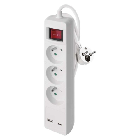 Power supply extension cords, cable reels, plugs, accessories FRENCH - Extension Cord 2 m / 3 sockets / switch / white / 1×USB-A + 1×USB-C / 1.5 mm2