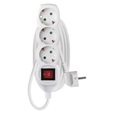 Power supply extension cords and sockets - Extension Cord 2 m / 3 sockets / switch / white / PVC / 1 mm2
